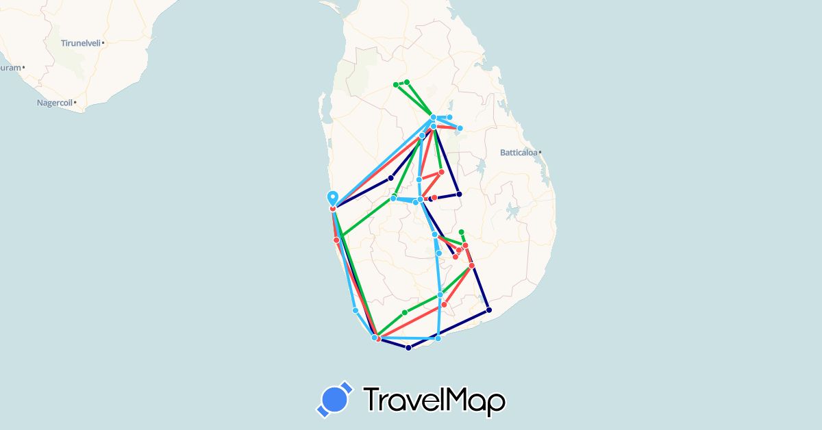 TravelMap itinerary: driving, bus, hiking, boat in Sri Lanka (Asia)